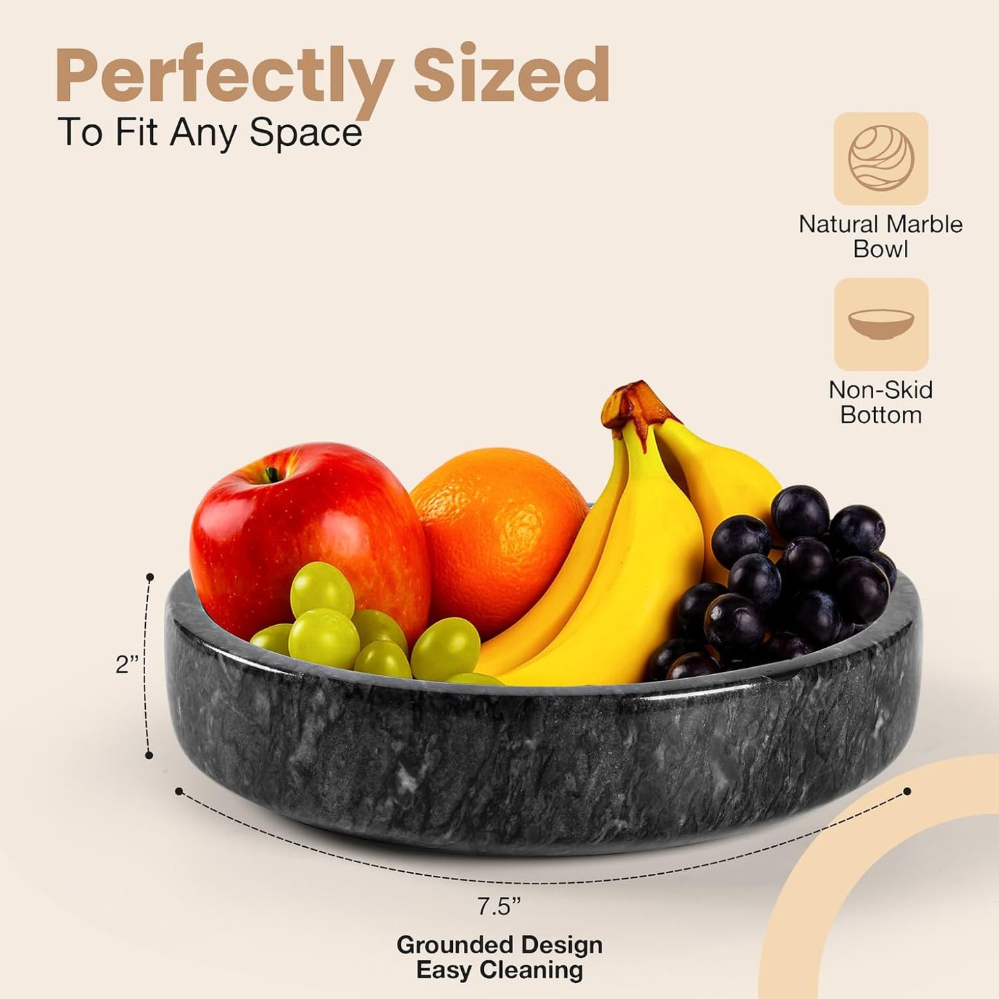 Marble Decorative Bowl - 7.5" Natural Black Solid Marble Centerpiece - Handmade Stone Fruit Bowl - Catch-All or Key Bowl for Kitchen - Modern Minimalist Decor