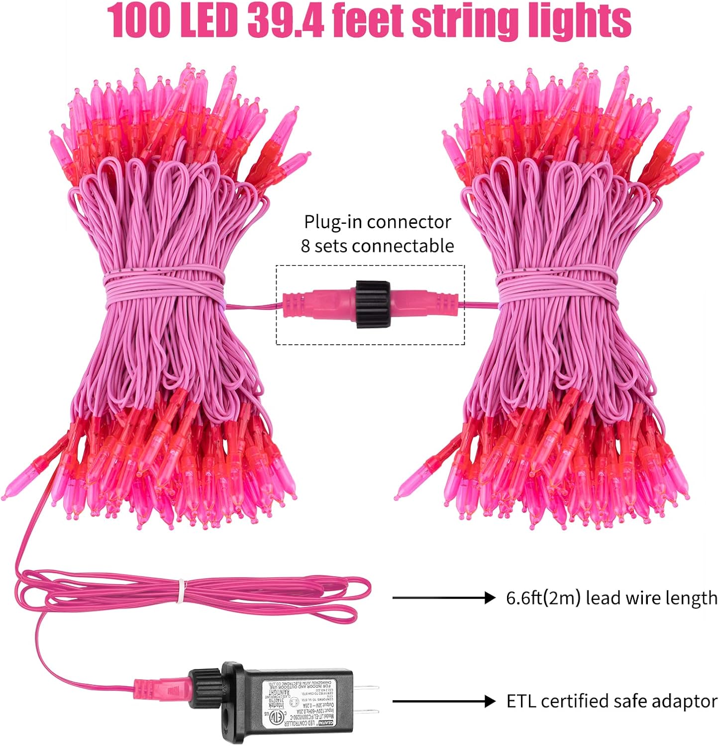 Pink Mini Christmas Lights - 39 Feet 100 LED Fairy String Lights with 8 Lighting Modes Waterproof Connectable for Indoor Outdoor Xmas Tree Garland Wreath Holiday Valentine's Day Decoration