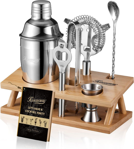 KITESSENSU Cocktail Shaker Set Bartender Kit, 6-Piece Silver Bar Set with Stand, Bar kit with Essential Bar Accessory Tools: Martini Shaker, Jigger, Strainer, Bar Spoon, Tongs, Opener