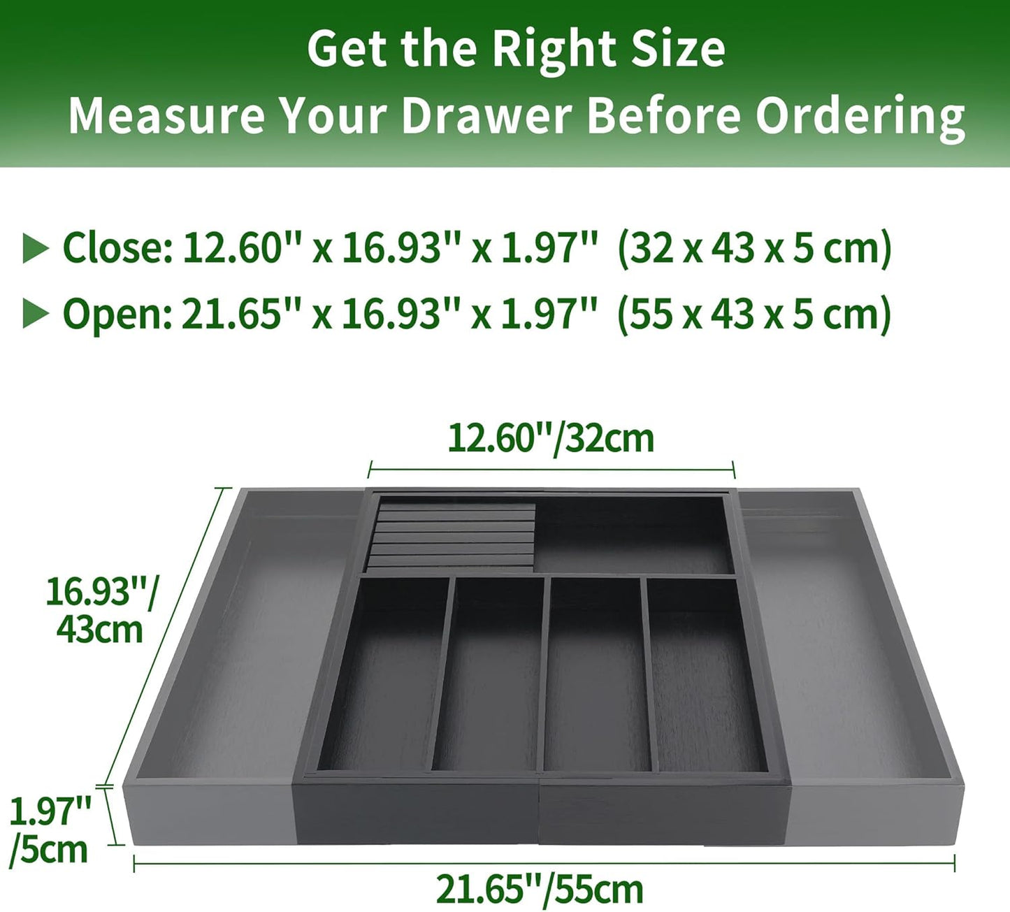 VaeFae Premium Bamboo Silverware Drawer Organizer Kitchen, Expandable Utensil Organizer with Knife Block, Cultery Tray with Divider for Flatware (Black)