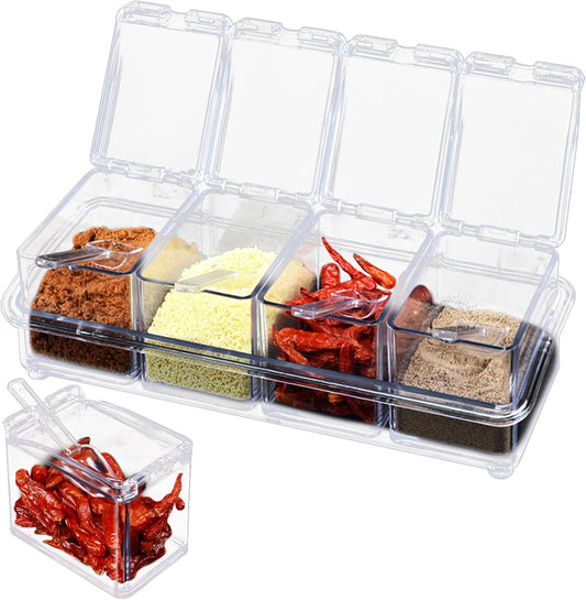 Clear Spice Containers, 4 Pieces Condiment Container with Lids for Salt Sugar, Acrylic Spice Rack Spice Container with Spoon