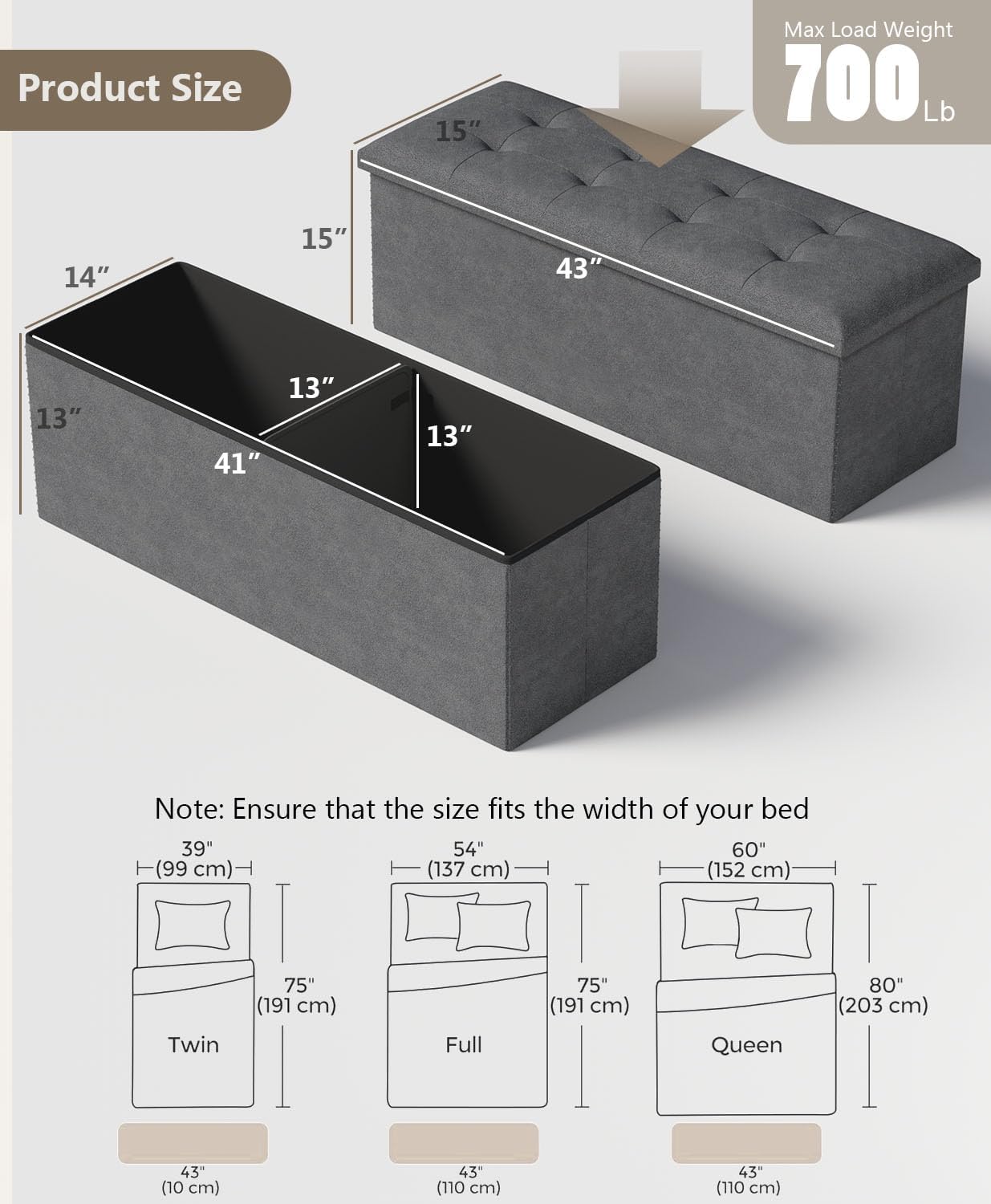 Storage Ottoman Bench, Folding Ottoman Foot Rest, 15 x 43 x 15 Inches, End of Bed Bench, Storage Chest, for Living Room, Bedroom, Hallway, Entryway, Holds up to 700 lb,Dark Gray