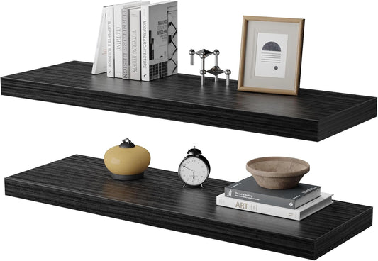 Large Floating Shelves for Wall Set of 2 Wooden Wall Shelves 36 in x 12.75 in x 2 in Room Decor Long Shelf with Invisible Wall Mount Bracket for Bedroom Kitchen Living Room Black Wood