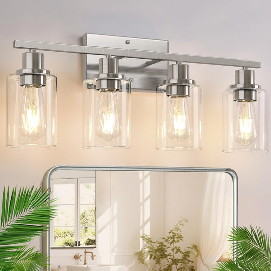 4-Light Bathroom Light Fixtures, Brushed Nickel Vanity Lights with Clear Glass Shades, Modern Bathroom Wall Lamp for Mirror Living Room Cabinet Bedroom Porch