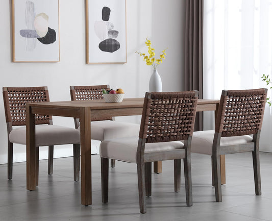 Kmax Farmhouse Dining Chairs Set of 6, Rustic Kitchen Chairs with Linen Fabric Seat and Woven Back, Vintage Accent Chairs for Dining Room, Living Room, Beige