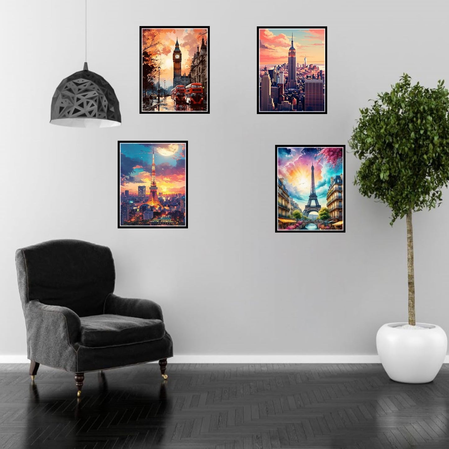 ELEVENSPACE Boho Wall Art Decor,New York, London, Tokyo, Paris, Eiffel Tower,City Wall Decor Art,Modern Landscape Wall Art for Living Room Bedroom Prints Poster,8x10 Inch Set of 4,Unframed