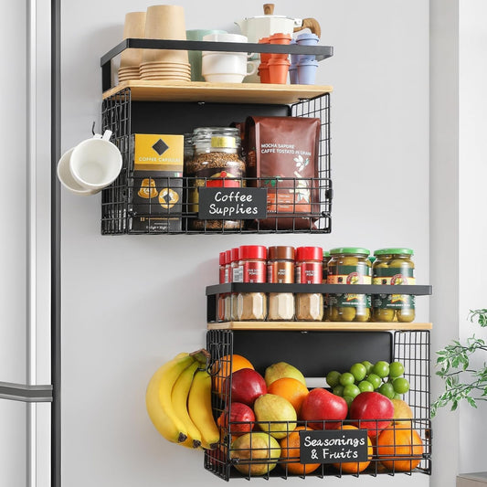 [WIDER Shelf]2 SET Strong Magnetic Shelf Basket for Fridge with Tag & Bamboo Top, XXL Large Magnetic Spice Rack Shelves for Side of Refrigerator, Kitchen Pantry Storage Organizer for Food Fruit Veg
