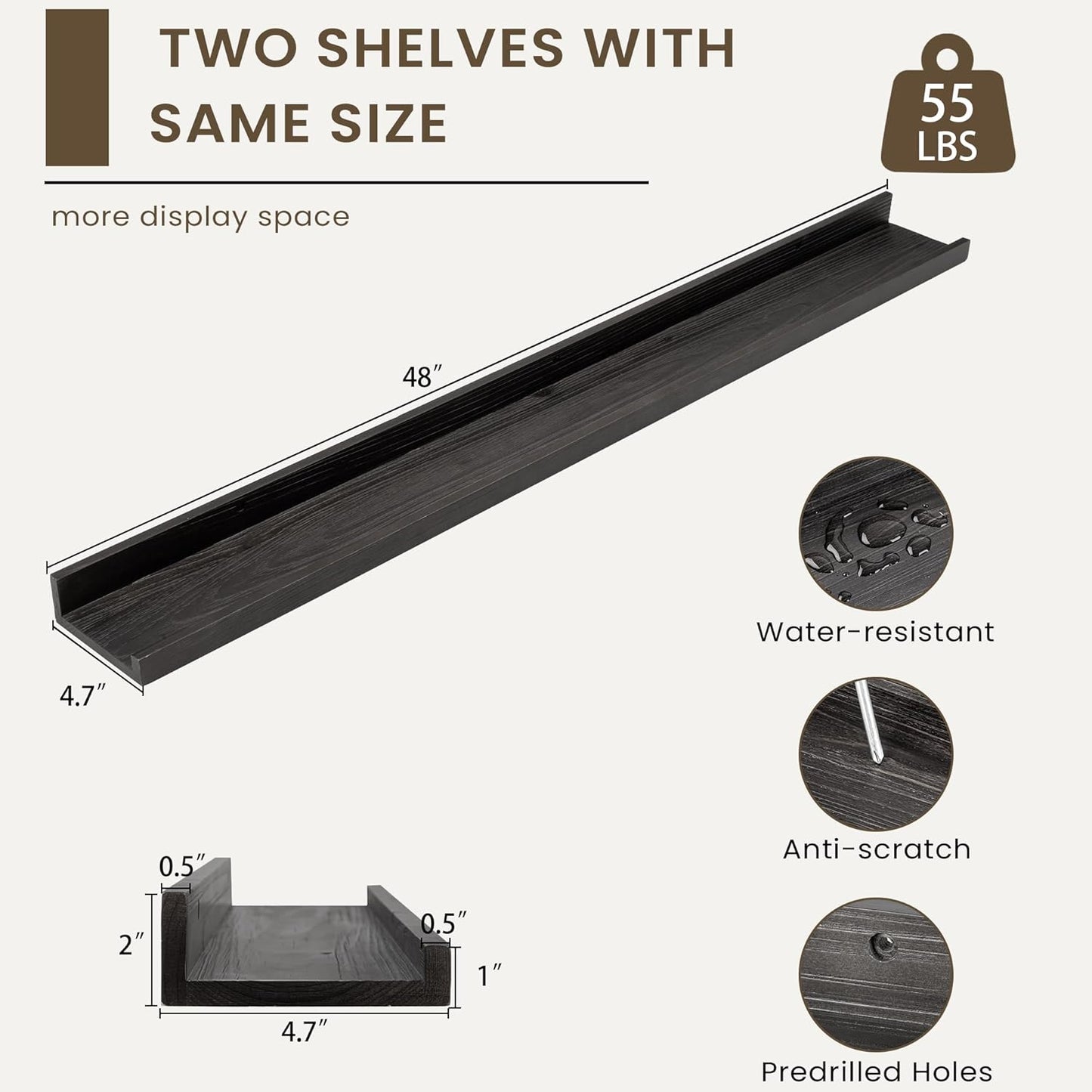 Floating Shelves for Wall, Picture Ledge Shelf 48 Inch Solid Wood Set of 2, Rustic Wall Shelves with Lip, Kids Bookshelf, Photo & Picture Live Edge Floating Shelves for Bedroom, Living Room, Kitchen