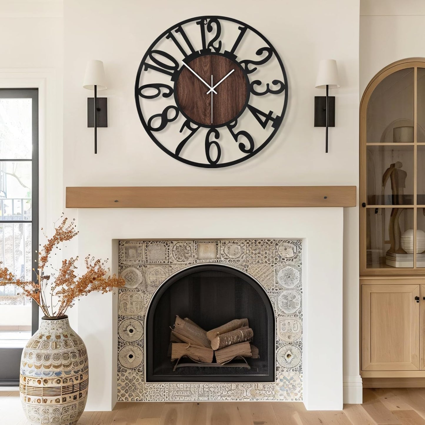 Maxstar Large Round Wall Clock for Living Room Decor Battery Operated Non Ticking Black Metal Wood Clocks for Home Living Room Garden Farmhouse Office Kitchen Decoration -24 inch