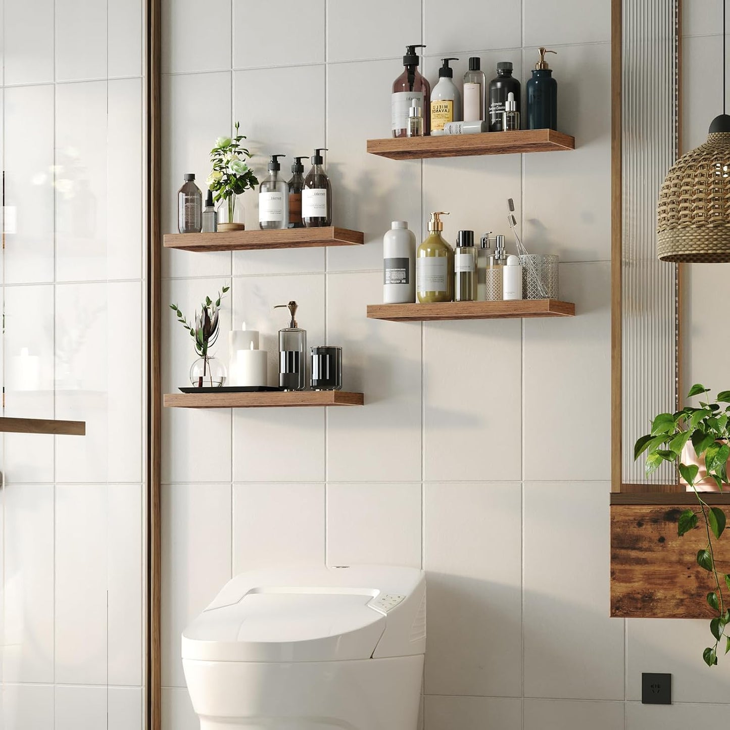 HOOBRO Floating Shelves for Wall, Wall Mounted Shelf Set of 2, 23.6" Hanging Shelf with Invisible Brackets, for Wall in Bathroom, Bedroom, Toilet, Kitchen, Living Room, Office, Rustic Brown BF60BJ01