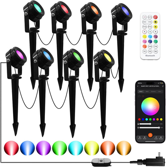 Smart RGBW Spot Lights Outdoor, 8 Pack Low Voltage Landscape Lighting with APP & Remote Control, Waterproof and Timing, Color Changing Outdoor spot Lights for Yard Halloween Christmas Decorations
