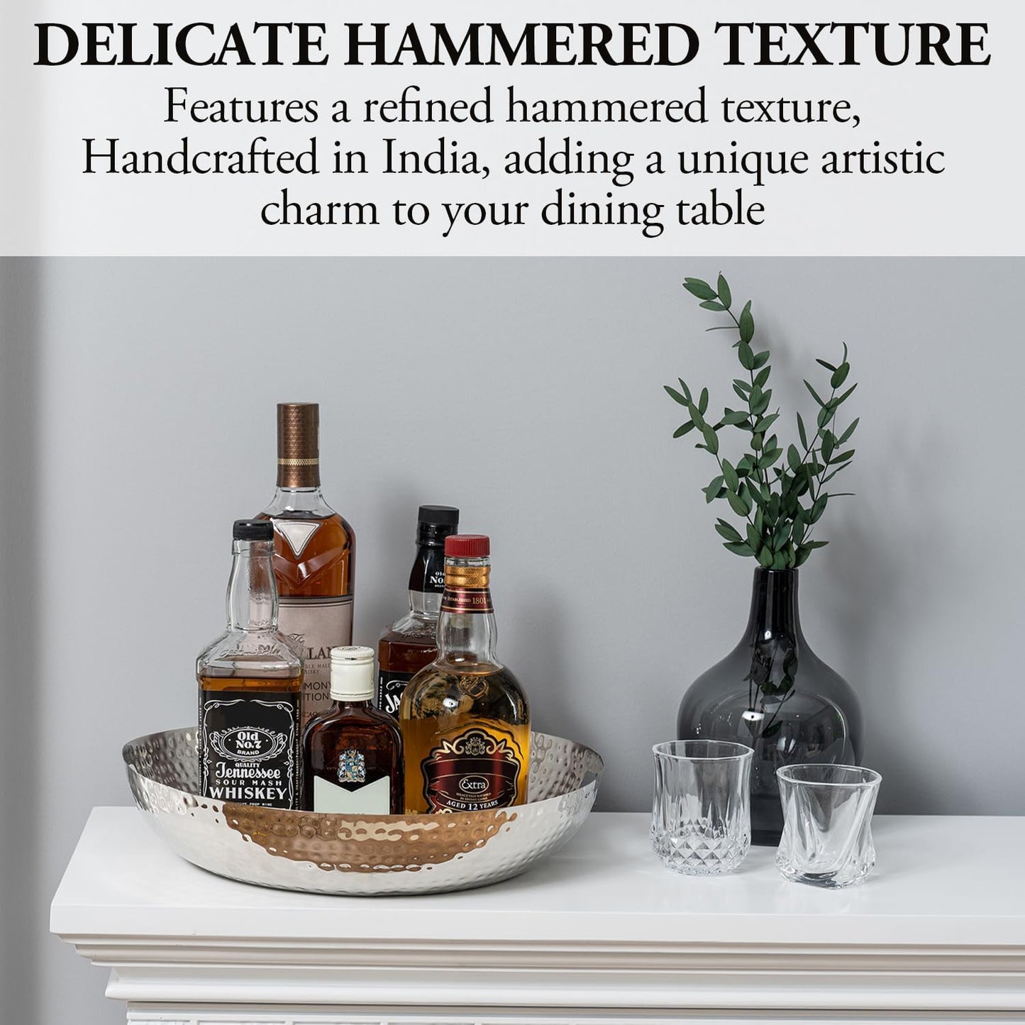 MyGift 14 Inch Deluxe Decorative Dish Tray Centerpiece Base, Silver Tone Plated Hammered Aluminum Fruit Bowl Serving Platter with Cutout Handles - Handcrafted in India