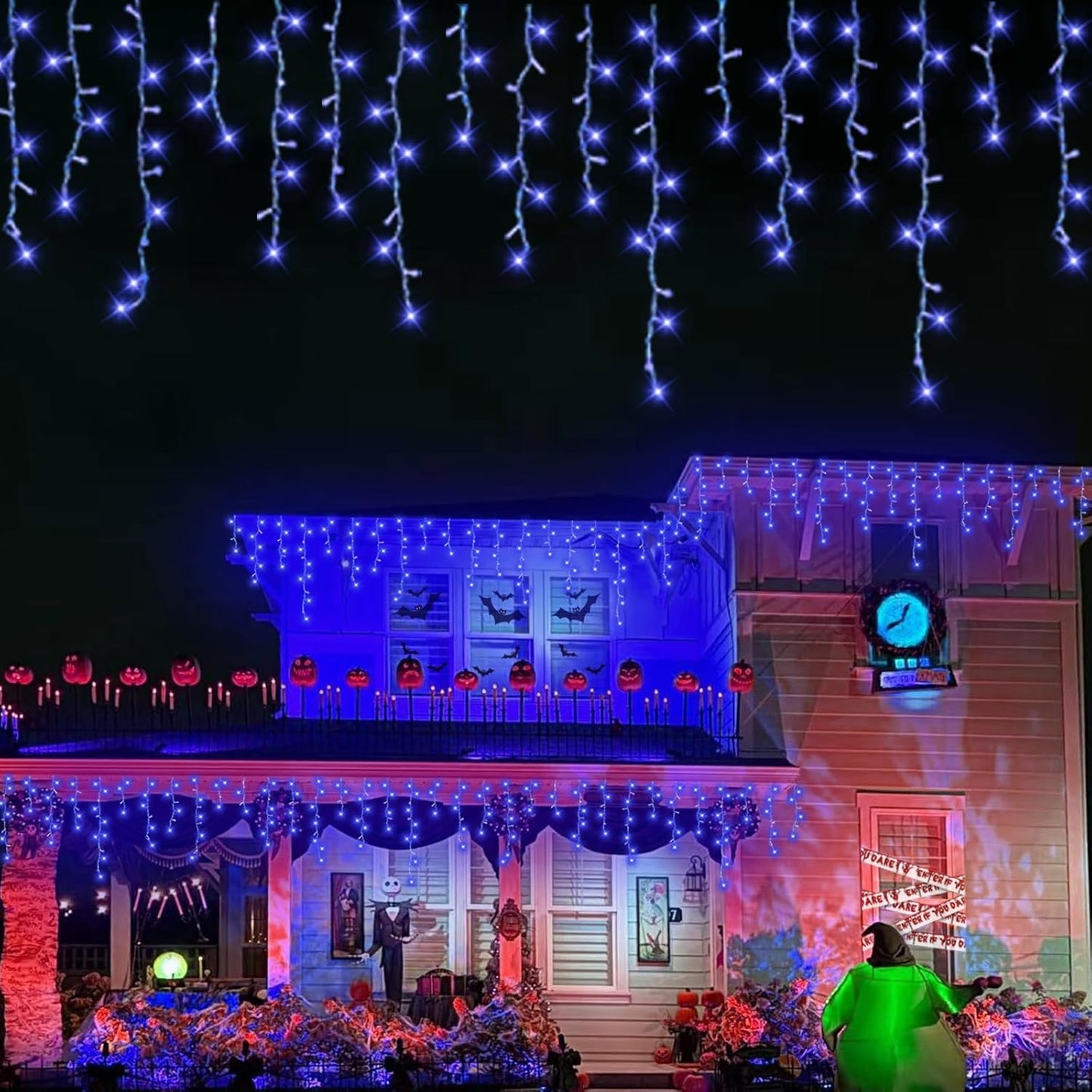 QITONG Blue Icicle Lights for Outside, 33ft 400 LED Icicle Light Plug in with 8 Modes, 160 Drops Clear Wire Connectable Christmas Lights Indoor Plug in