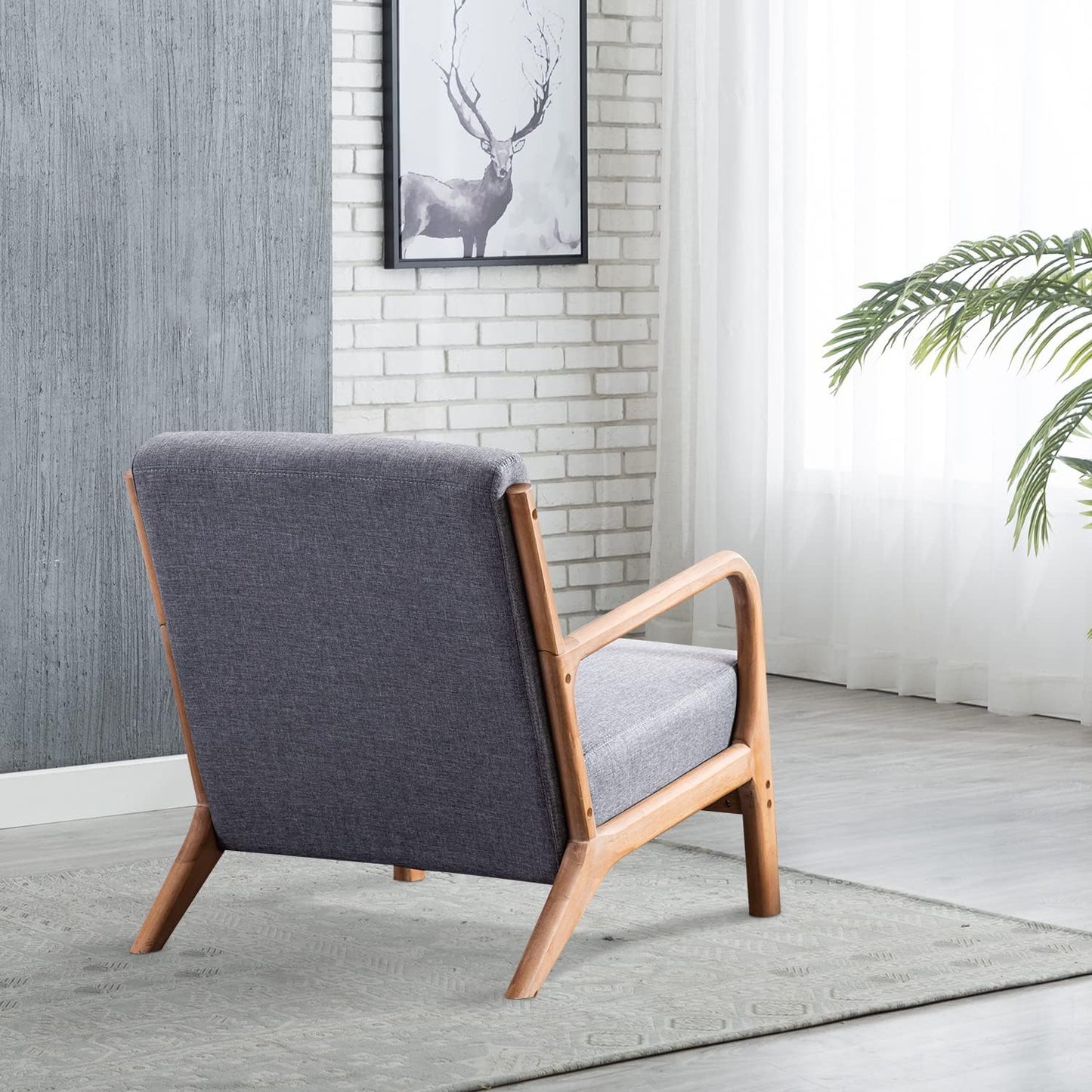 INZOY Mid Century Modern Accent Chair with Wood Frame, Upholstered Living Room Chairs with Waist Cushion, Reading Armchair for Bedroom Sunroom (Dark Grey)