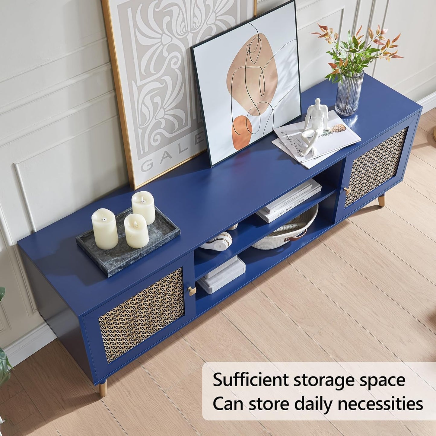 Mid Century Modern Entertainment Center, Blue TV Stand for TVs up to 75", Boho Tv Furnitures with Storage Cabinet and Shelves, Tv Console Media Center with Gold Metal Mesh Doors for Living Room