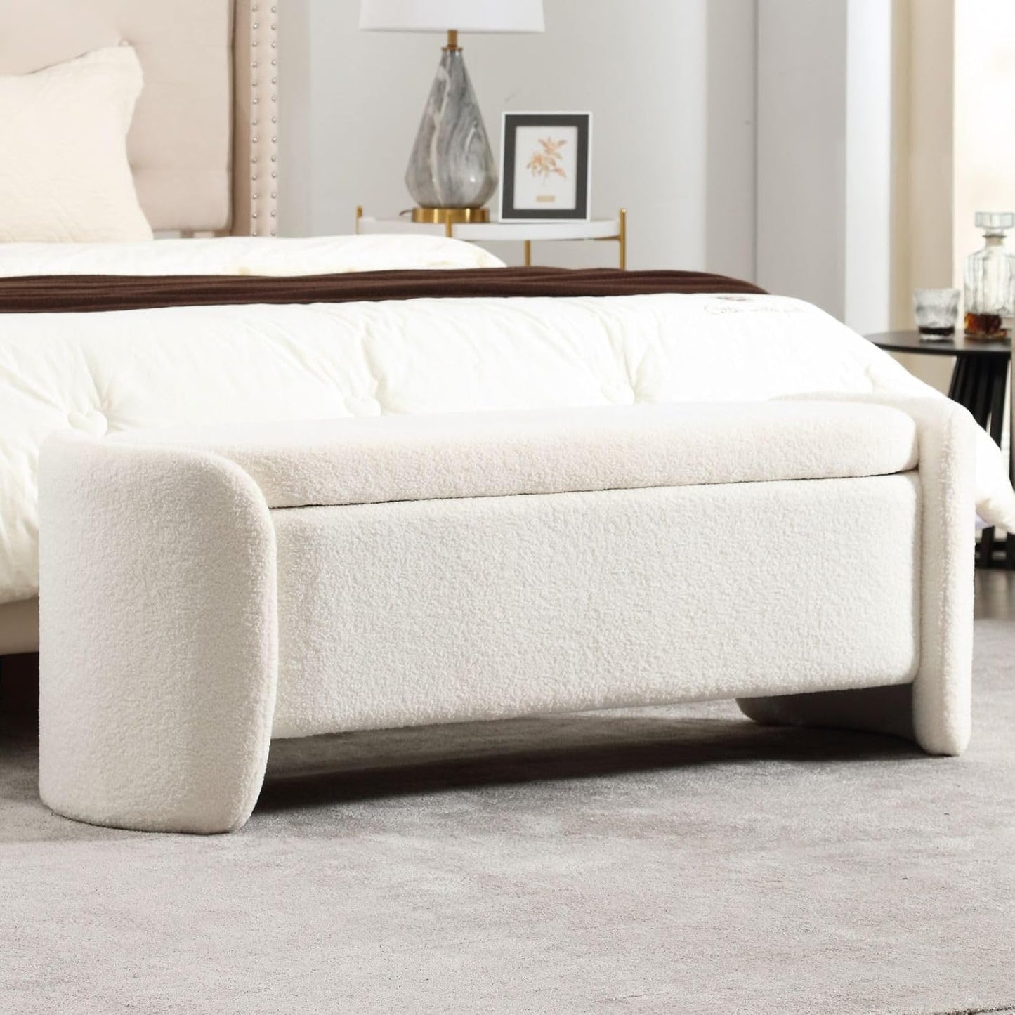 ROCTY White Boucle Storage Bench - 50" Sherpa Ottoman Bench for Bedroom, Entryway, Living Room & Vanity - Teddy Fabric with Storage & Seating