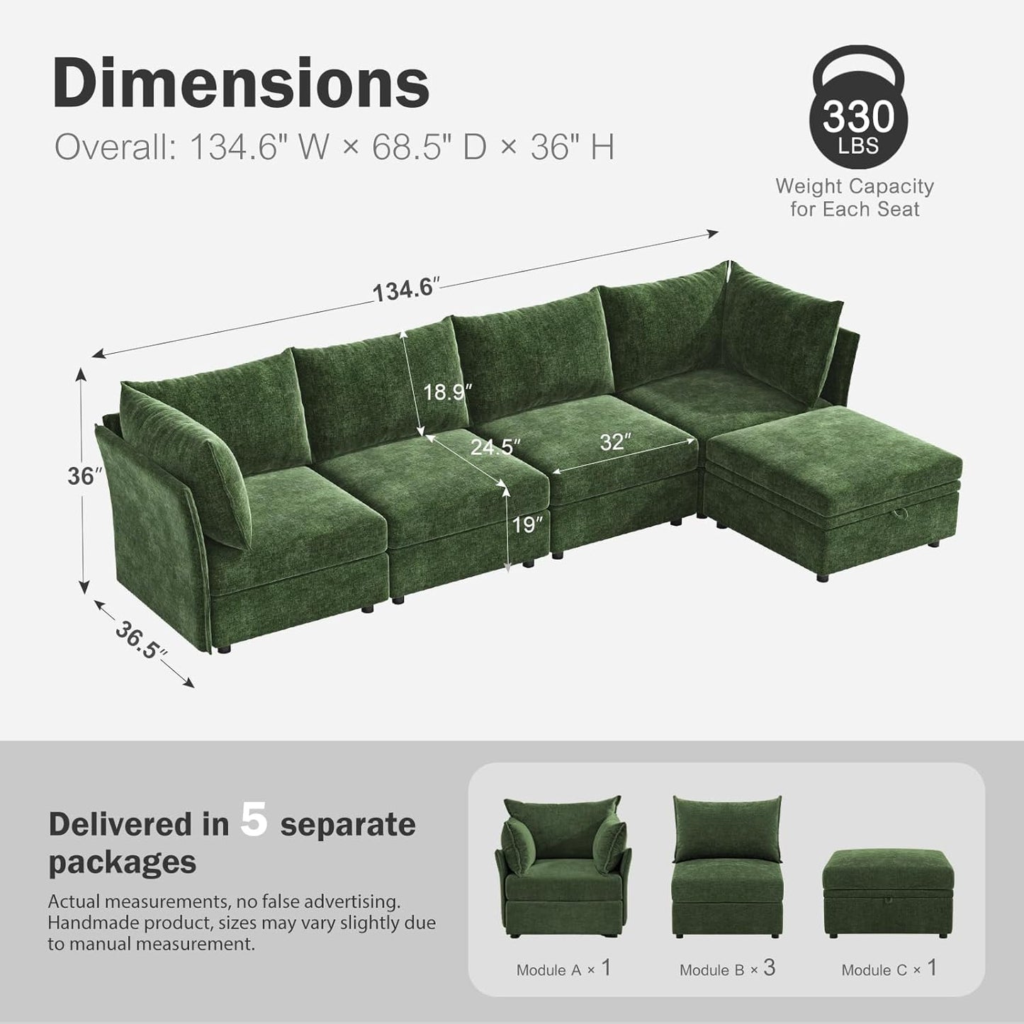 134.6" Luxury Modular Sectional Convertible Sofa with Storage Ottoman, L-Shape 5-Seat Oversized Comfy Couch Deep Seat with Reversible Chaise - Chenille Green
