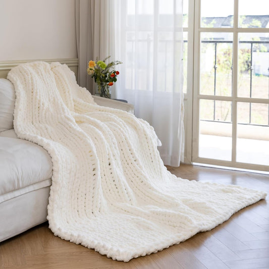 Chunky Knit Blanket - Luxury Soft Cozy 50 * 60 Throw Blanket,100% Woven Blanket Rope Knot Throw Blanket for Couch, Sofa, Home Decor, Gift - Machine Washable（Milk White）
