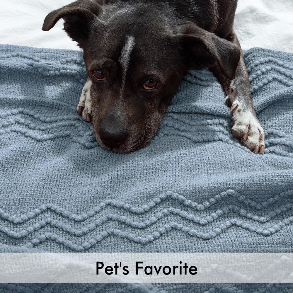 MIULEE Dusty Blue Cozy Knitted Throw Blanket for Couch Textured Knit Blanket with Tassels Woven Acrylic Wave Pattern Boho Blankets for Sofa Bed Chair 50"x60"