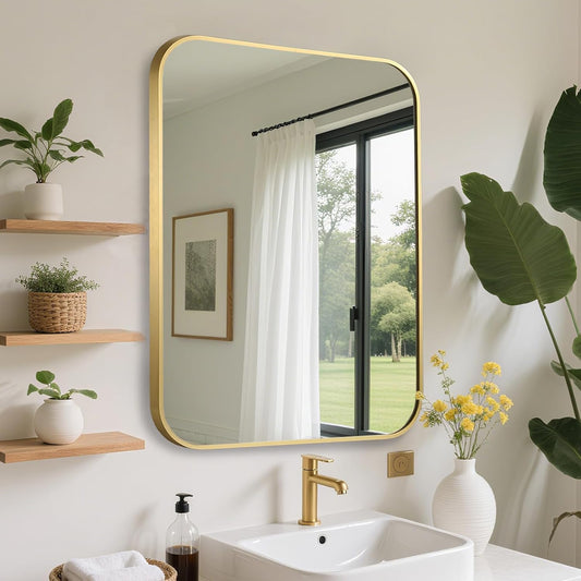 FARMER 26x38 Inch Gold Bathroom Mirror, Rectangle Vanity Mirror, Brushed Mirrors for Wall, Metal Frame Hanging Mirror with Round Corner for Bedrooms, Entryways, Living Rooms, Horizontal/Vertical