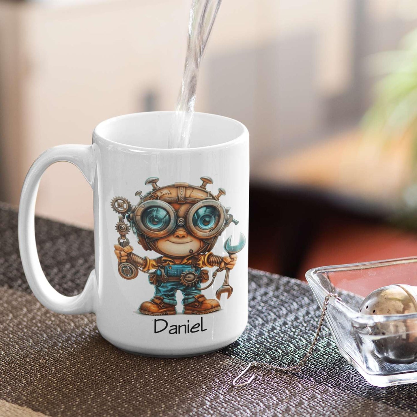 Personalized Tech Enthusiast Coffee Cup 11oz 15oz, Customized Steampunk Character Design Ceramic Mug, Unique Custom Name Mug Gift For Engineer, Kid Cup, Cute Mechanic White Cup