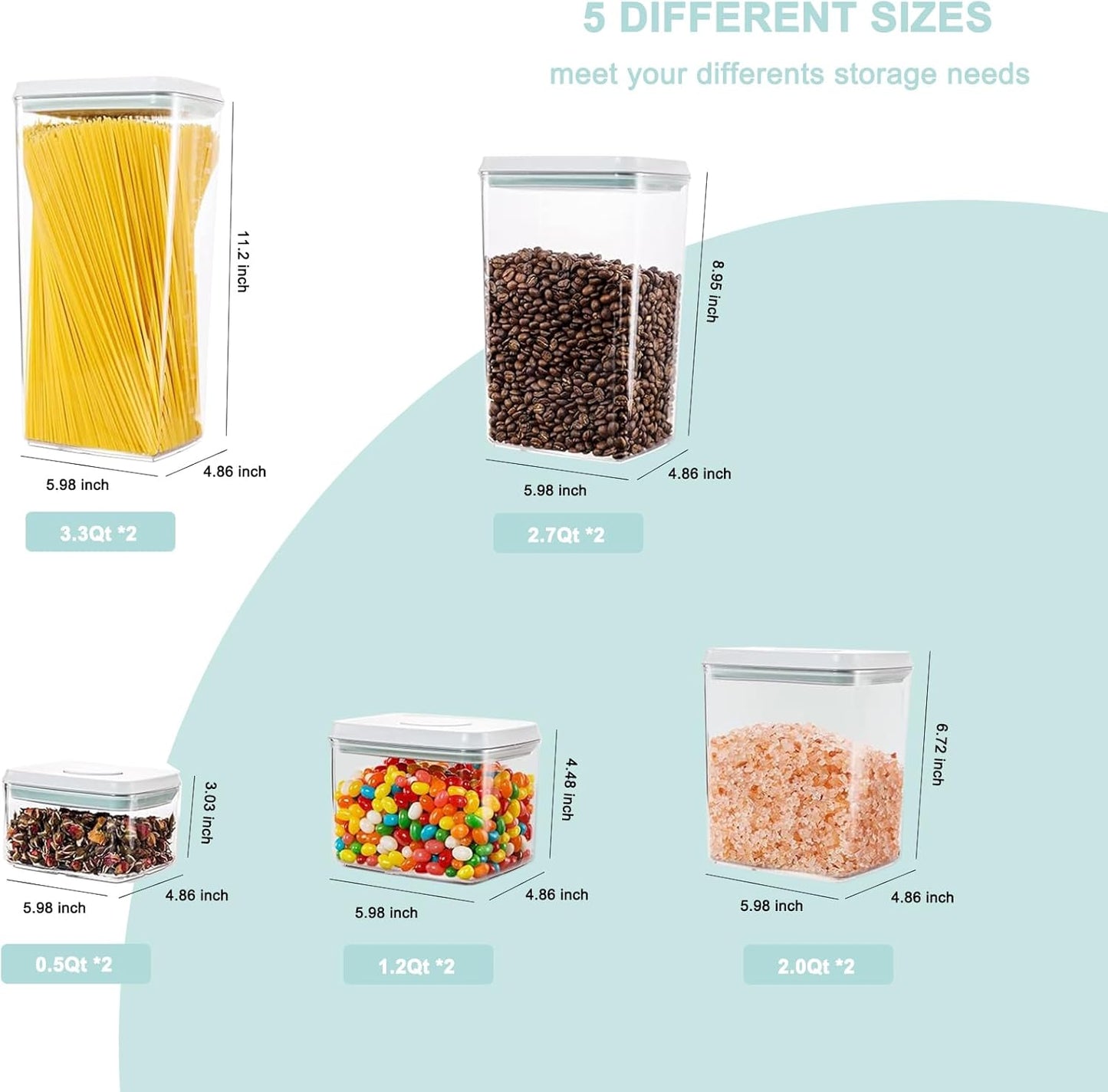 Pop Containers with Lids - Stackable Airtight Food Storage, Kitchen Pantry Storage Containers for Snacks Candy Salt Herbs Spices BPA-Free (10PCS (0.5 + 1.2 + 2.0 + 2.7 + 3.3 Qt) * 2)