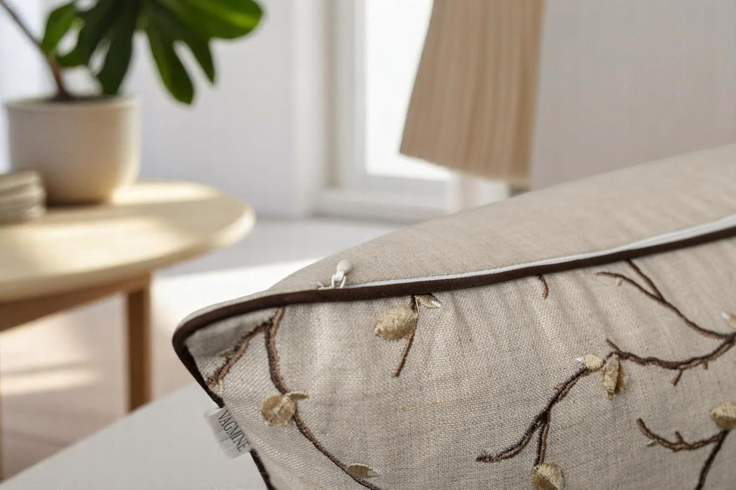 VAGMINE Embroidered Pussy Willow Throw Pillow Cover - 18x18 Inches Square - 100% Linen Natural Decorative Cushion Cover - Floral Embroidery - Cozy Farmhouse & Boho Accent for Sofa, Couch, Bedroom