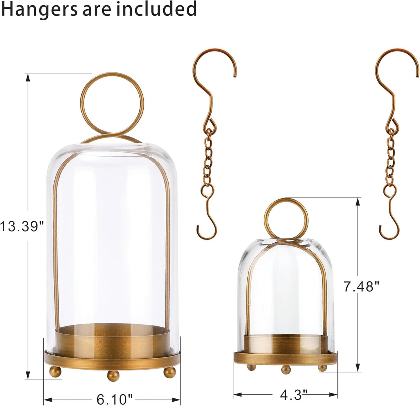 6" & 4" Versatile Modern Metal Hurricane Lantern in Set of 2 with Handmade Sturdy Glass Dome for Pillar Candle & Plants (Brass, 4"x7.5" &6.3"x11.2")