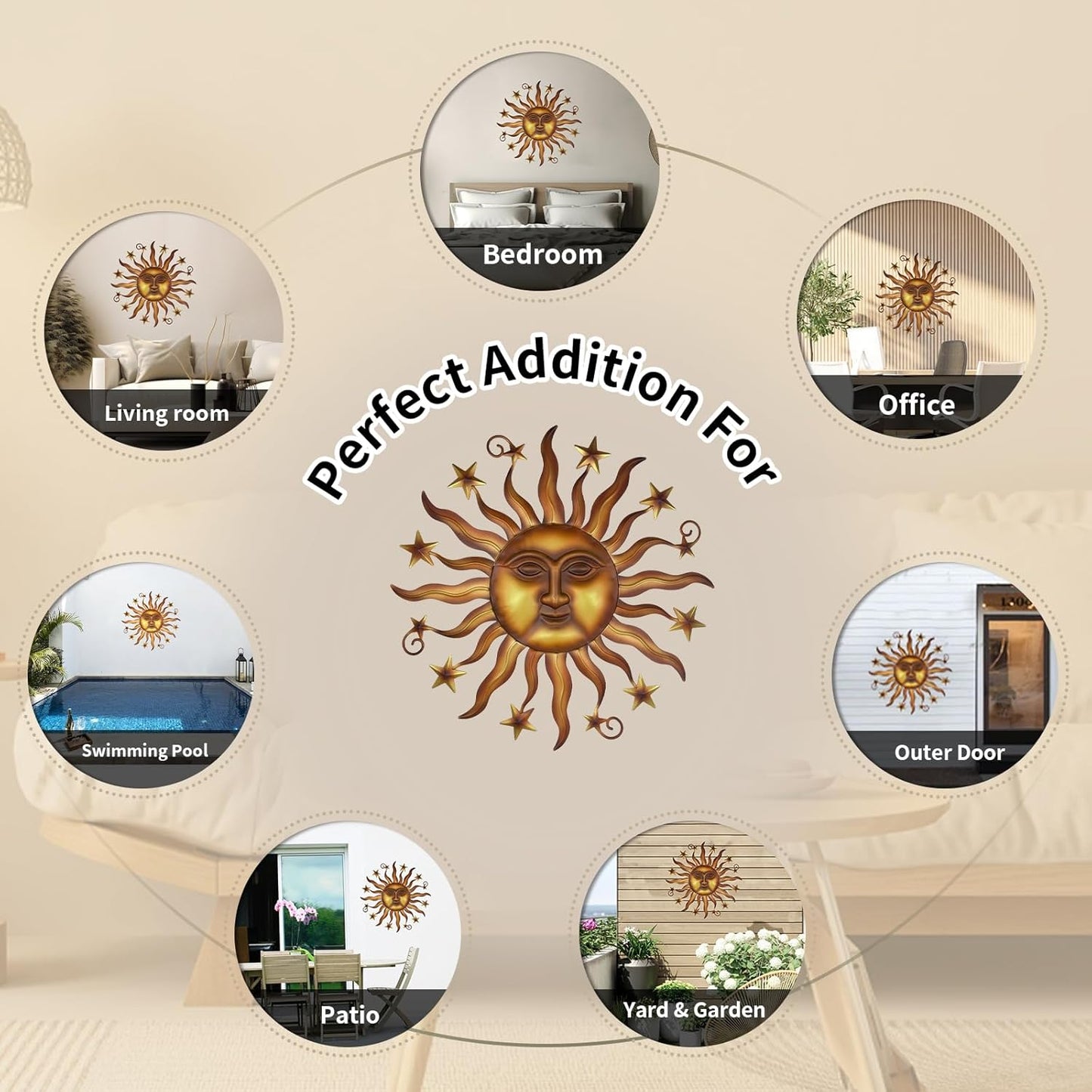 LIFFY 24" Sun Metal Wall Art Outdoor Decor - 3D Sun Face Metal Wall Sculpture - Hanging Decoration Gift Ideal for Home Accent, Bedroom, Garden, Patio, Farmhouse - Lively and Vibrant