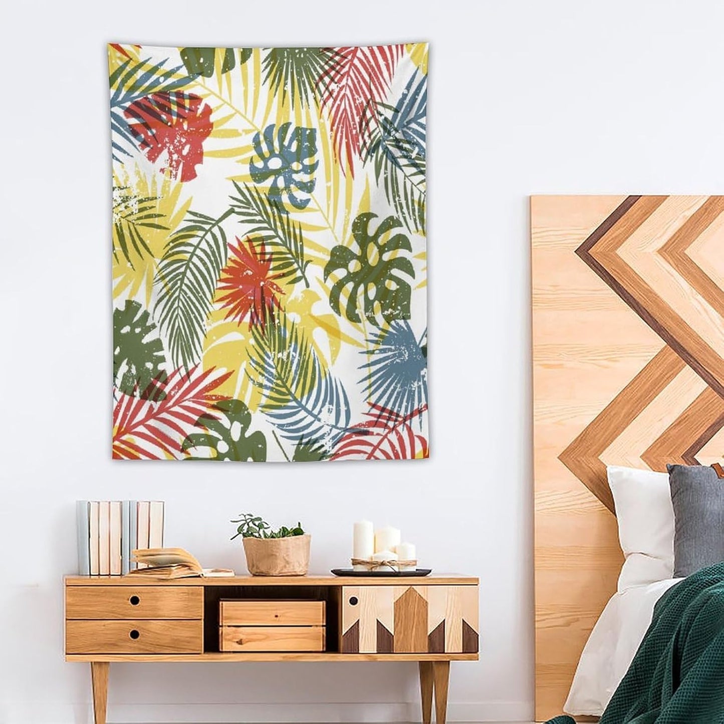 ICMOLYYENLO Boho Green Leaves Tapestry, Mid Century Abstract Tropical Palm Leaves Modern Minimalist Geometric Wall Hanging, Neutral Home Decor Art for Living Room Bedroom Dorm 30x40 Inch