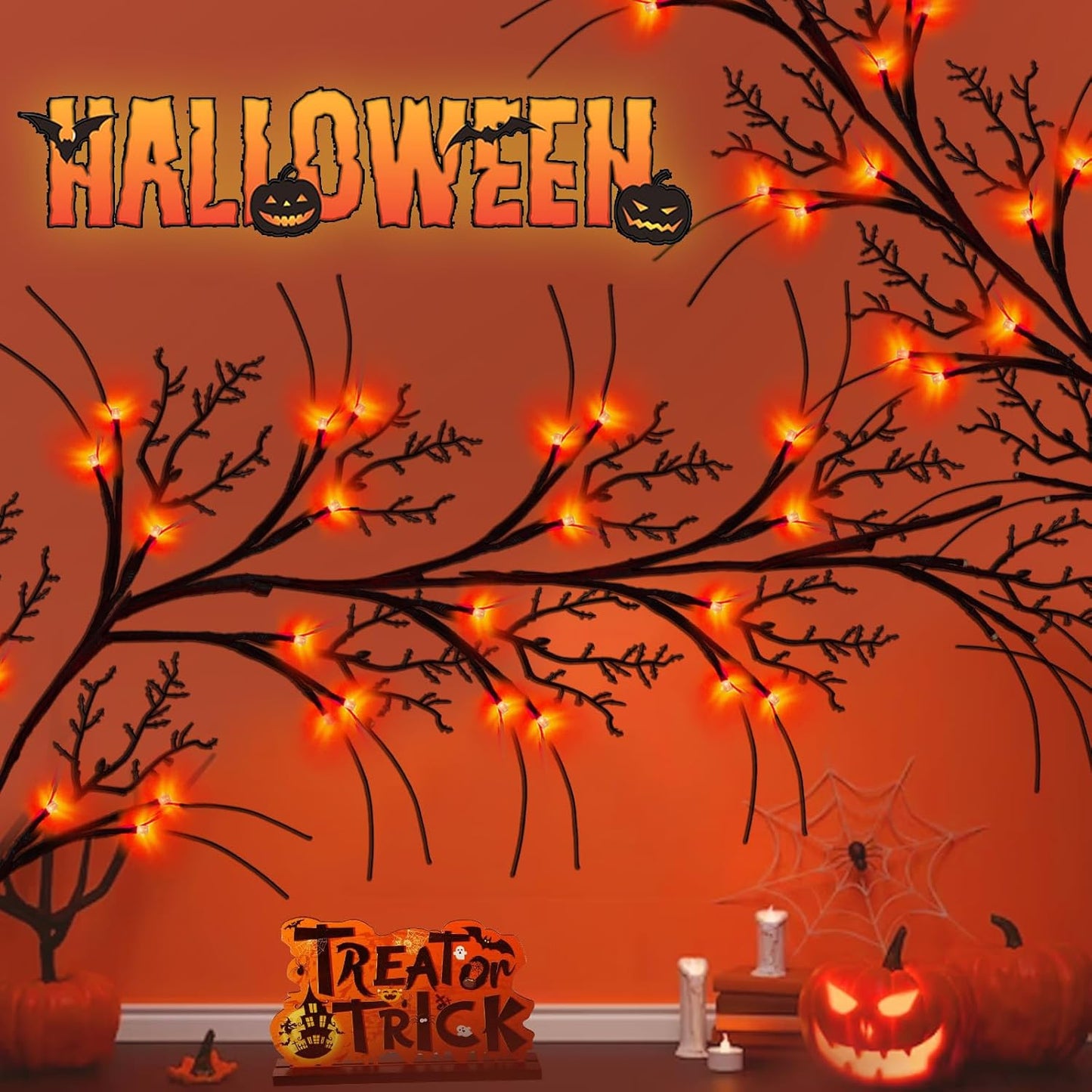 9 FT 72LED Halloween Willow Vine Twig Decor Branches Garland with Lights - 8 Modes Timer - Waterproof Battery Operated for Indoor Wall Fireplace Halloween Decorations