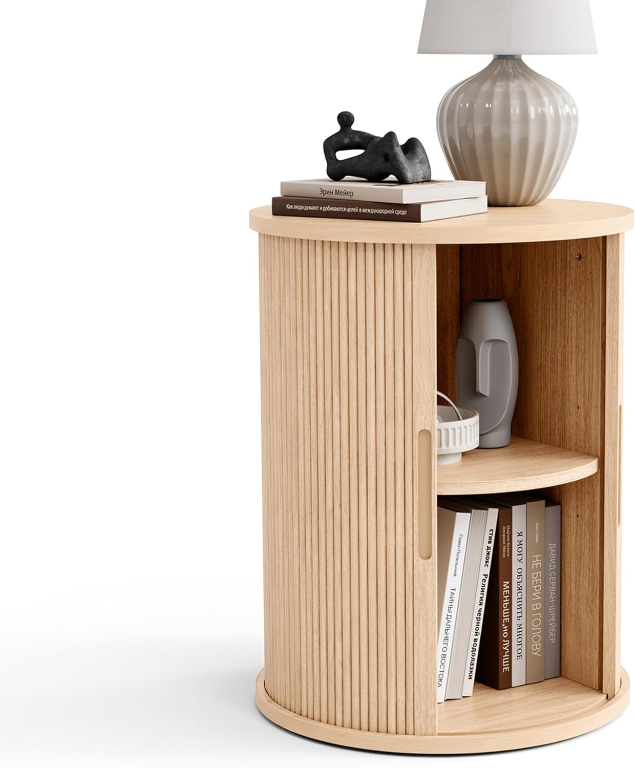 LINSY HOME Round Fluted End Table, Tall Side Table with Sliding Tambour Door and Storage Shelf, Modern Bedside Table, Mid-Century Nightstand for Living Room, Bedroom, Oak