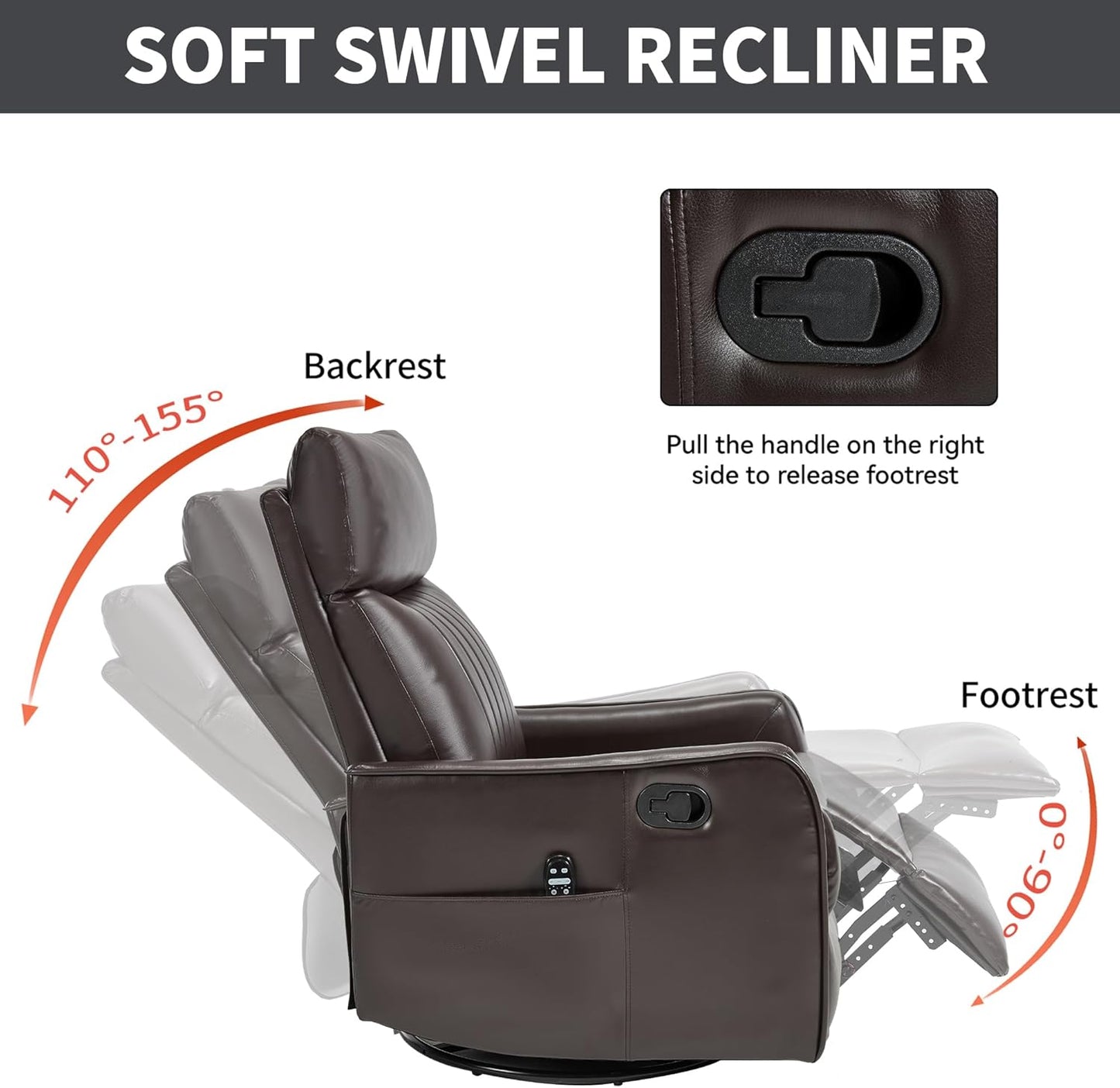 Manual Swivel Rocker Recliner Chair for Adults, Overstuffed Reclining Glider Chair for Nursing with Vibration Massage & Heat, Living Room Rocking Recliner 2-Stage backrest, Faux Leather Brown