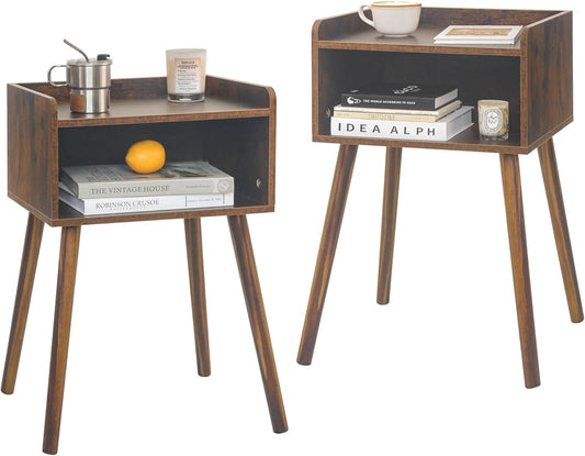 MaxSmeo Night Stand Set 2, Mid Century Modern Side Table Bedroom with Storage, Small End Bedside Table Set of 2 with Solid Wood Legs for Living Room, Office Small Spaces (Rustic Brown)