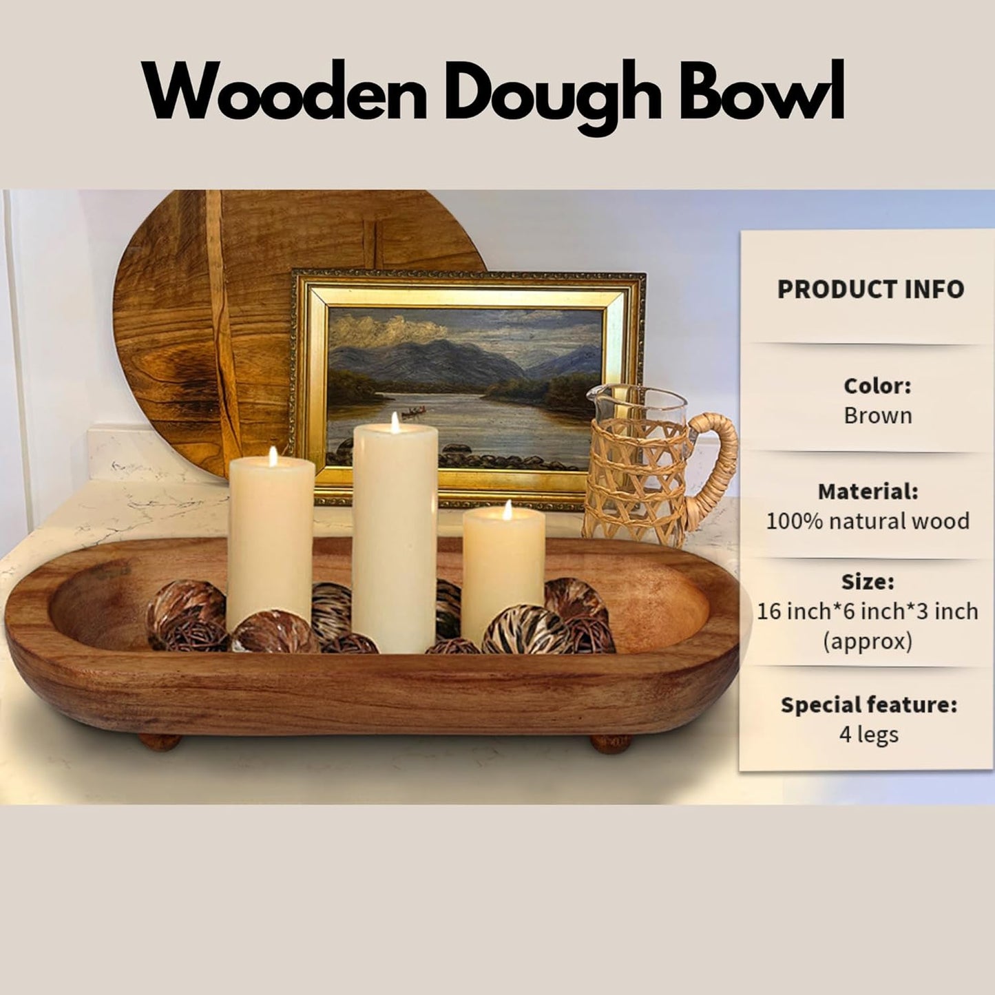 Rustic Handcrafted Wooden Dough Bowl for Decor - Wooden Bowls Decorative, Organic Modern Style, Decor Bowl, Centerpiece Bowl Four Legged Base Artisan Crafted Dough Bowl for Stylish Home Kitchen Decor