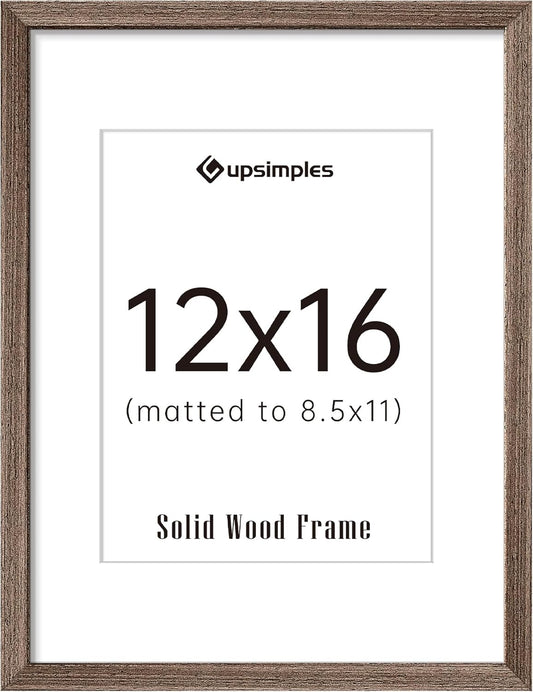 upsimples 12x16 Picture Frame, Natural Solid Wood Picture Frames, Display 8.5x11 with Mat or 12 x 16 Without, Vertical & Horizontal Wall Hanging, 1 Pack, Brown