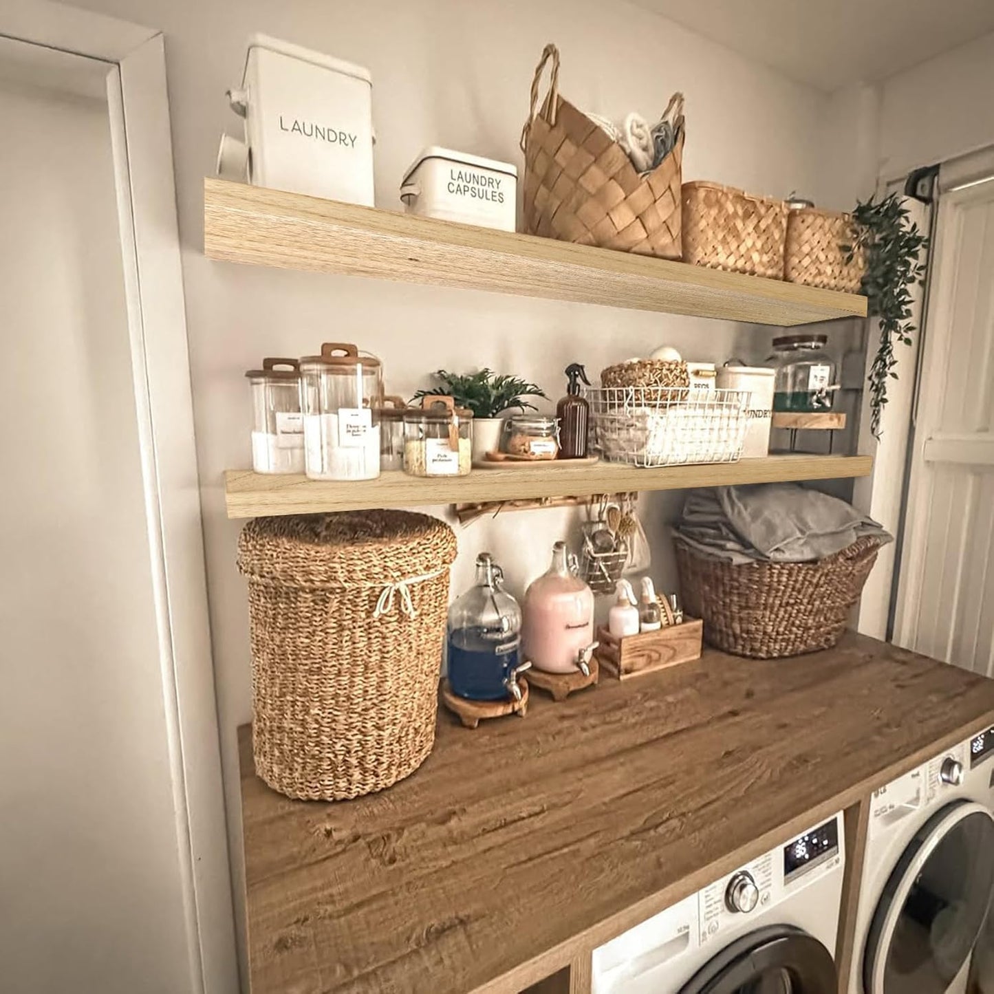 IAE Floating Wall Shelves 55 inch,Bathroom Shelves Wall Mounted,Invisible Shelves Floating Kitchen Shelves,Wooden Wall Shelves with Brackets for Living Room Wall Mounted,Easy Install,Set of 2,Natural