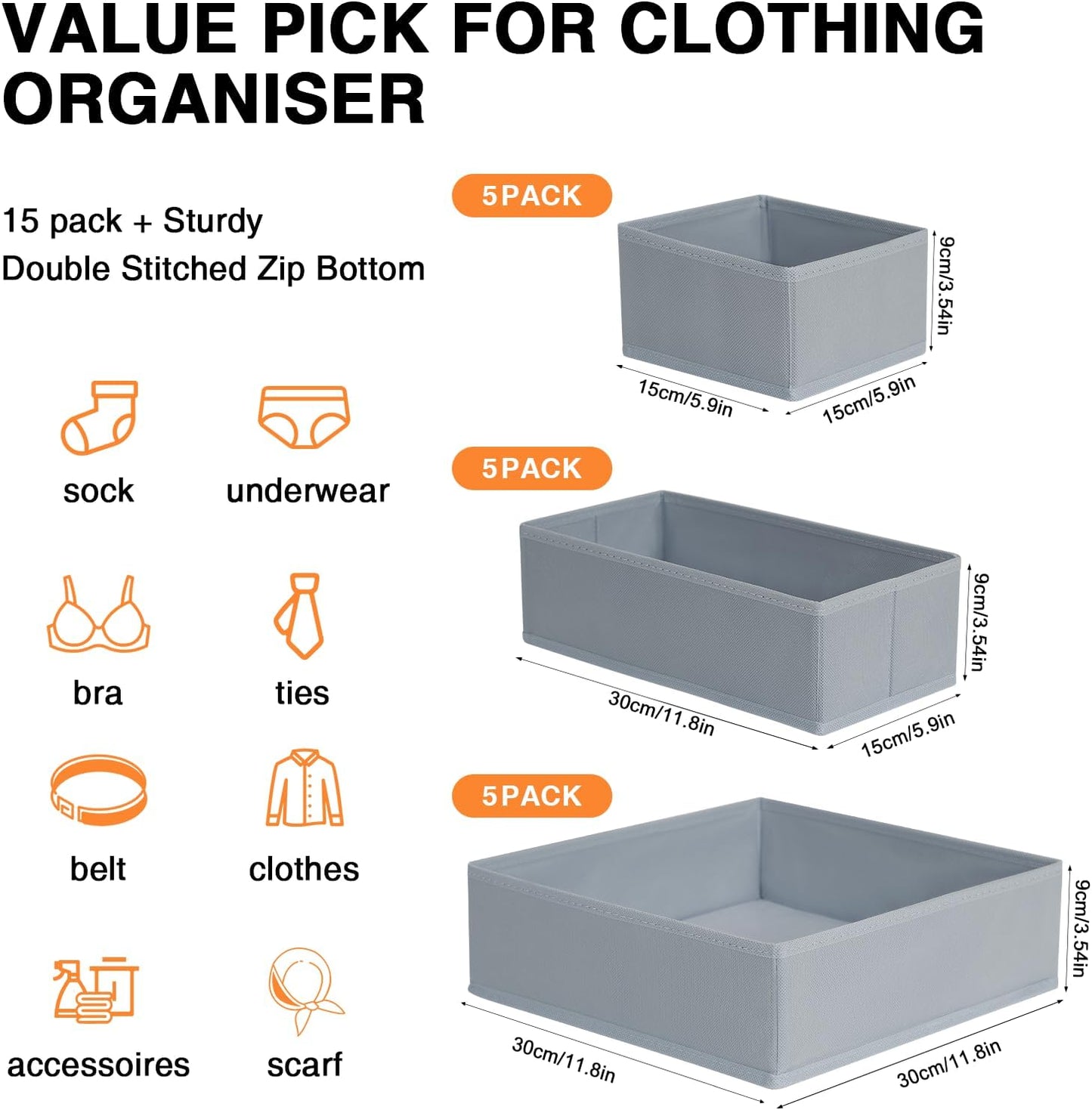 DIMJ Drawer Organizer 15 Pack - Foldable Baby Clothes Storage & Dresser Organizer for Nursery, Bedroom, Closet - Nursery Organization Dresser Dividers for underwear, Sock,Bra, Belt, Tie, Gray