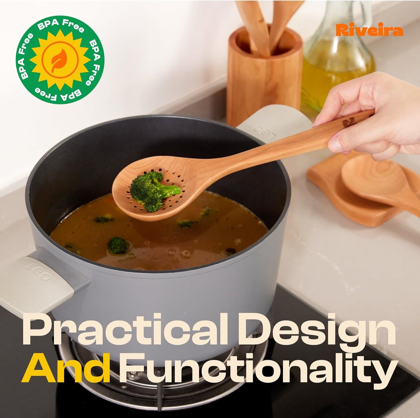 Riveira Cherry Wooden Spoons for Cooking Set of 9 – Natural Cherry Wooden Cooking Utensils, Wooden Spatula, Wooden Spoon - Premium Quality Wooden Utensil Set for Non-Toxic Cooking