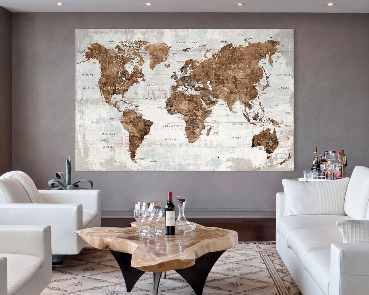 Pictures for Living Room Wall Decoration Canvas Large Wall Art Mens Office Brwon Travel Map Decor Tan Artwork