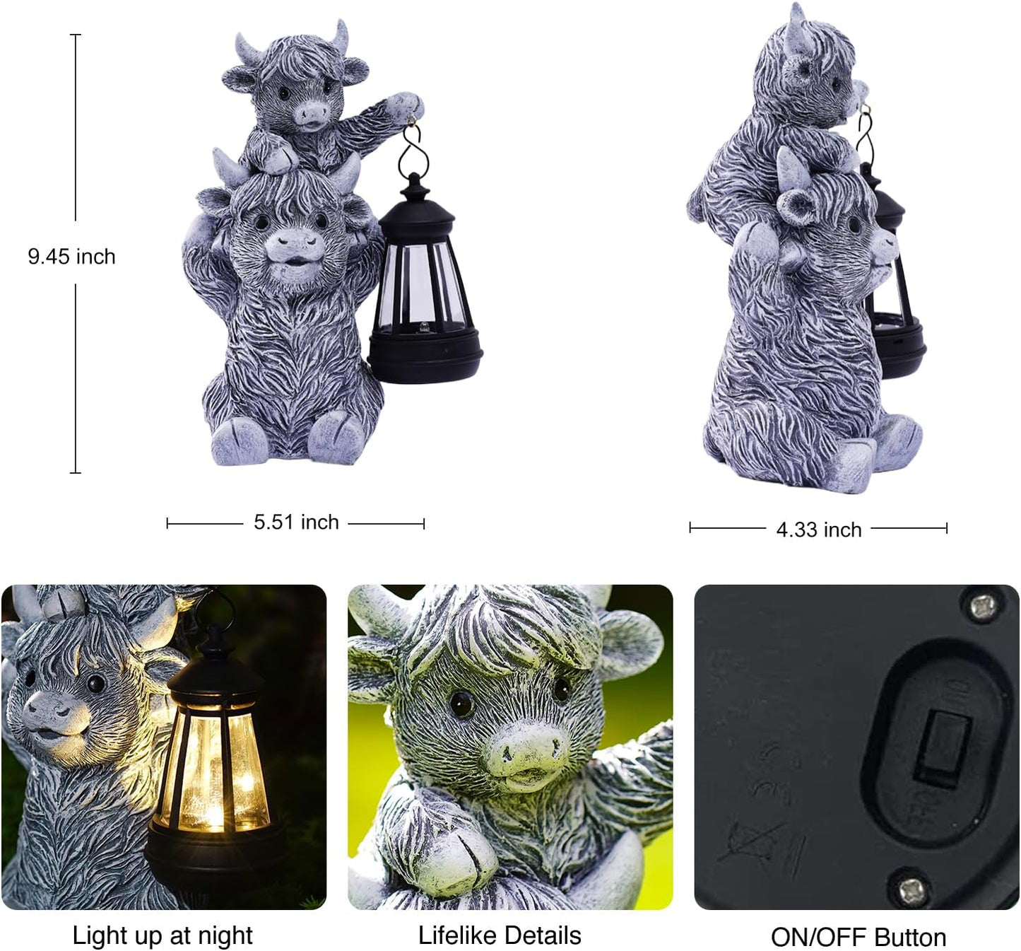 Goodeco 9.5 Inch Highland Cow with Solar Lantern – Resin Garden Decor, Outdoor Statue & Unique Highland Cow Gifts (Gray)