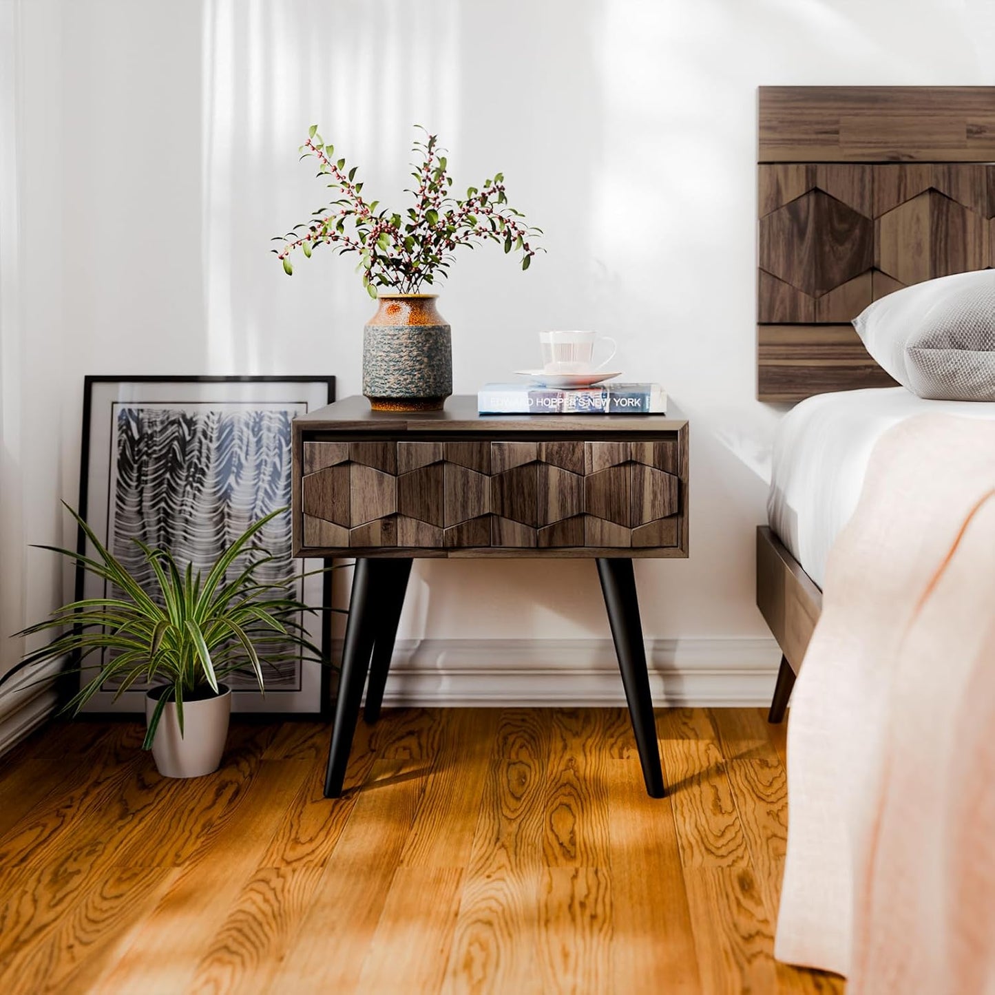 Bme Georgina Solid Wood Nightstand with Drawers, Pre-Assembled Rustic Nighstand with Geometric Pattern, Mid Century Modern Side Table for Living Room, Bedroom - Mocha