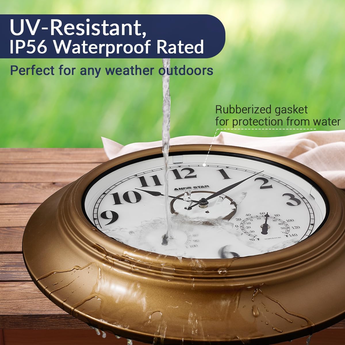 Andy Star 21 Inch Large Luminous Outdoor Wall Clock Waterproof with Temperature, Vintage Round Wall Clocks Battery, Oversized Pool Clock for Garden Patio Rustic Bronze Finish Silent Non Ticking Clock