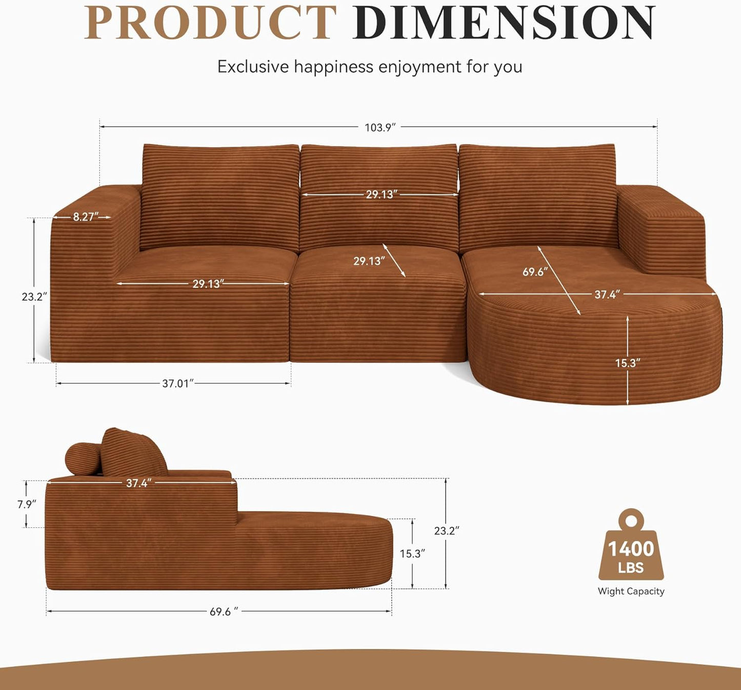 Modular Sectional Sofa with L-Shape Chaise,Cloud Sectional Modern Sleeper Couch with Deep Seat,Sponge Compression Sofas No Assembly Required(Brown-Corduroy Fabric) 1PCS