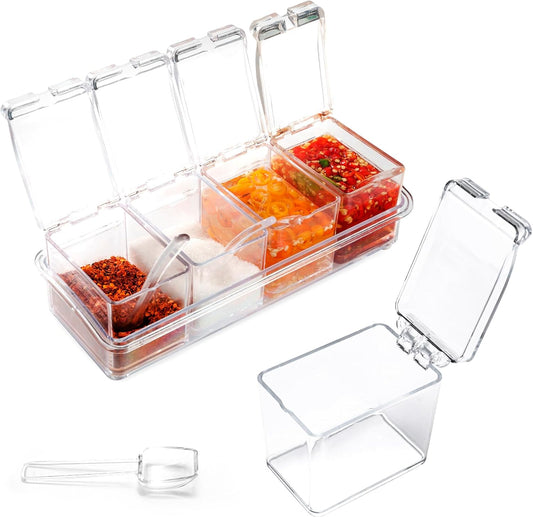 Clear Seasoning Box, 4 Piece Seasoning Rack Spice Pots, Plastic Storage Container Condiment Jars with Lids and Spoon, Storage Container Spice Jar for Salt Sugar Tea Herbal Coffee Beans