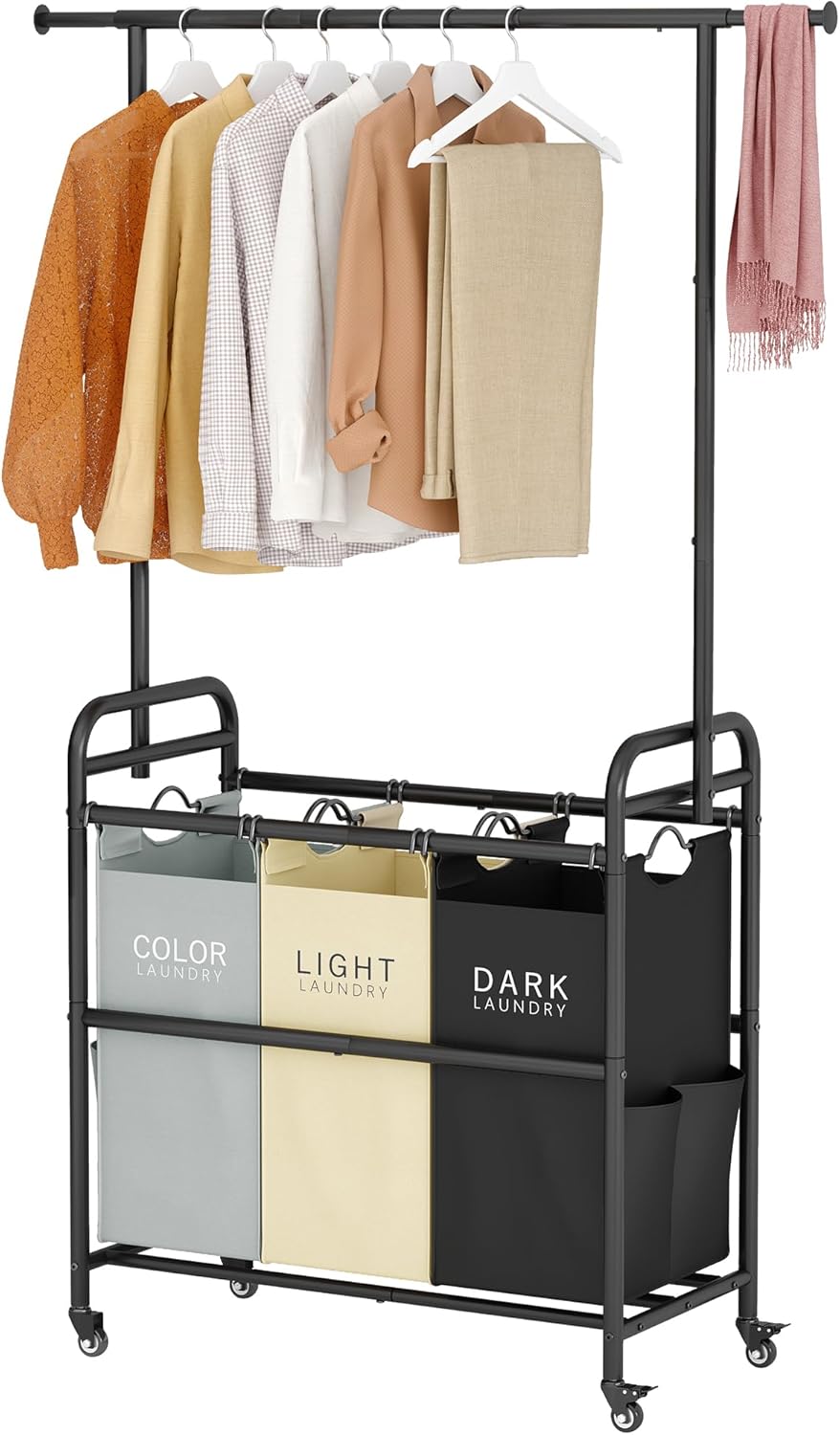 Tajsoon Laundry Sorter Cart with Hanging Clothes Rack, 3 Butler Sorter Basket Organizer, Laundry Hamper Cart with Heavy Duty Rolling Lockable Wheels, 3 Colors