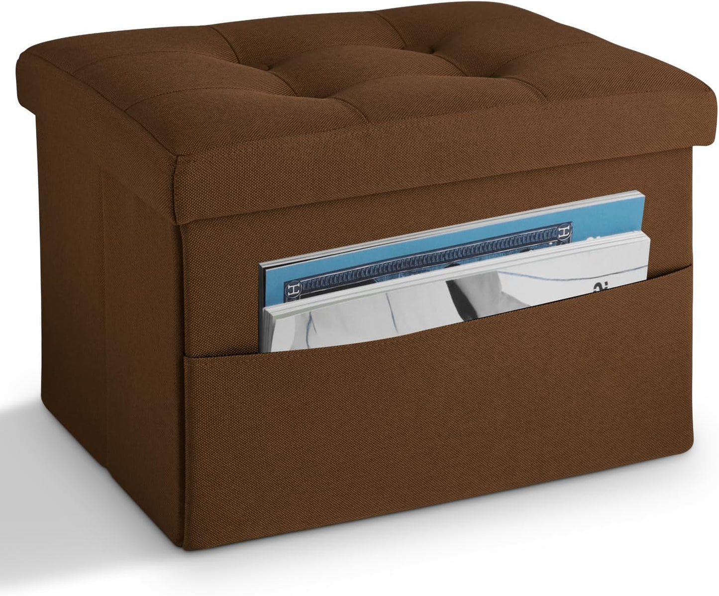 LINMAGCO Storage Ottoman Folding Foot Stool Foot Rest with Side Pocket Modern Ottoman with Storage Short Sofa Stool Linen Cloth 17x13x13(Brown)
