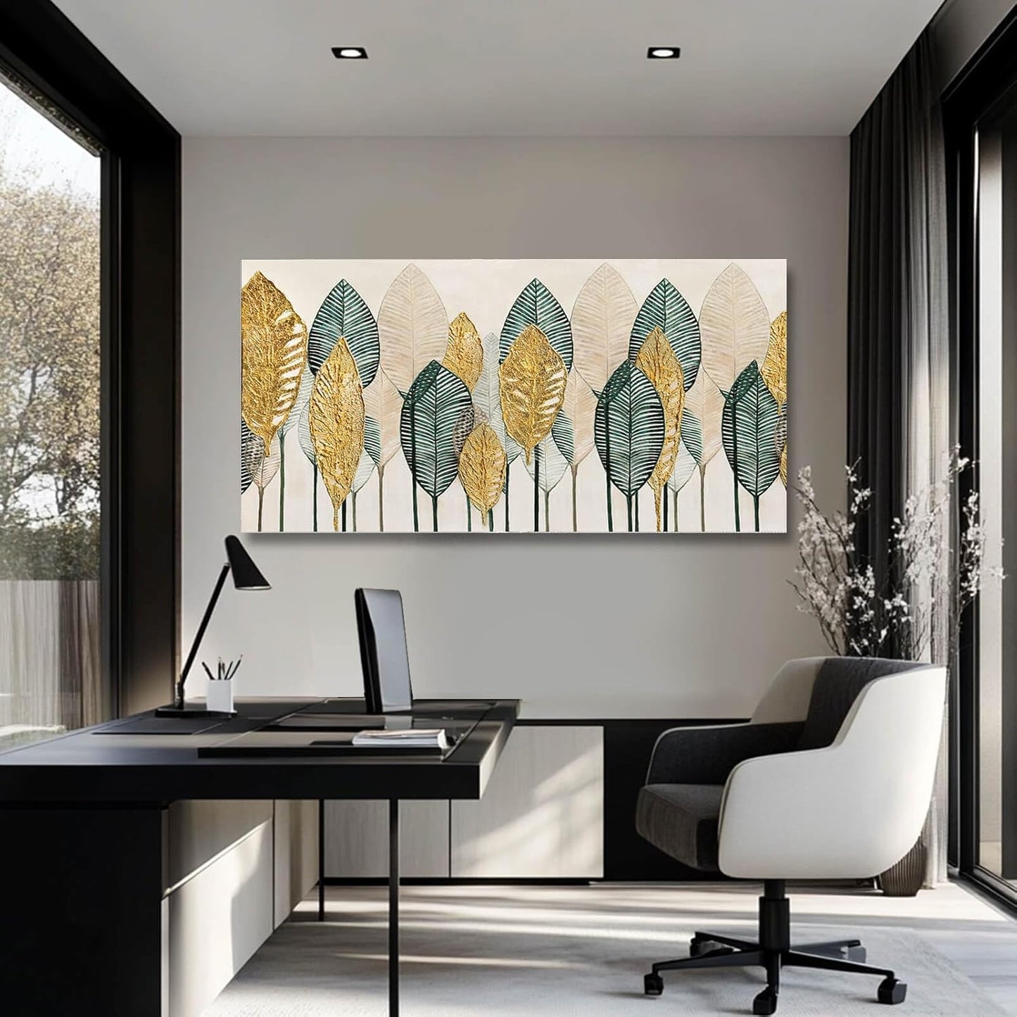 CHUDANHAO Green Wall Art Gold Wall Decor Leaves Prints Pictures Textured Bedroom Decor Line Painting Green Paintings Wall Decorations 24”x48” Artwork for Living Room Dining Room