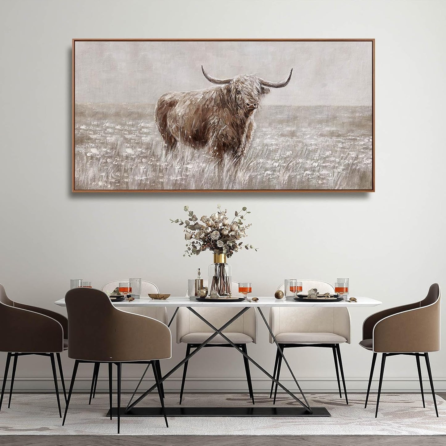 MLART99 Vintage Brown Highland Cow Painting Farmhouse Wall Art with Frame Country Decor Animal Poster for Living Room Bedroom Decor Ready to Hang 24x48