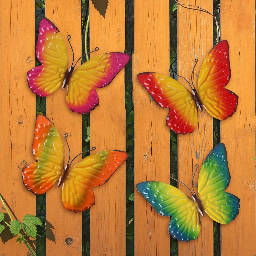 Metal Butterfly Wall Decor Art, 4 Pack Colorful Metal Butterflies Outdoor Wall Art, Hand Painted Outdoor Wall Decor for Garden, Yard, Fence, Patio, Living Room, Bedroom Decoration